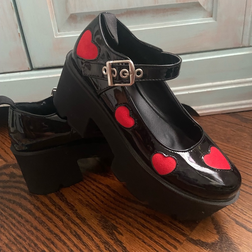 Black Mary Jane Platform Shoes with Red Heart Accents